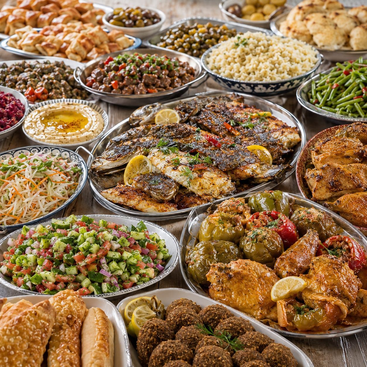 שולחן עמוס במנות אוכל ביתי כשר