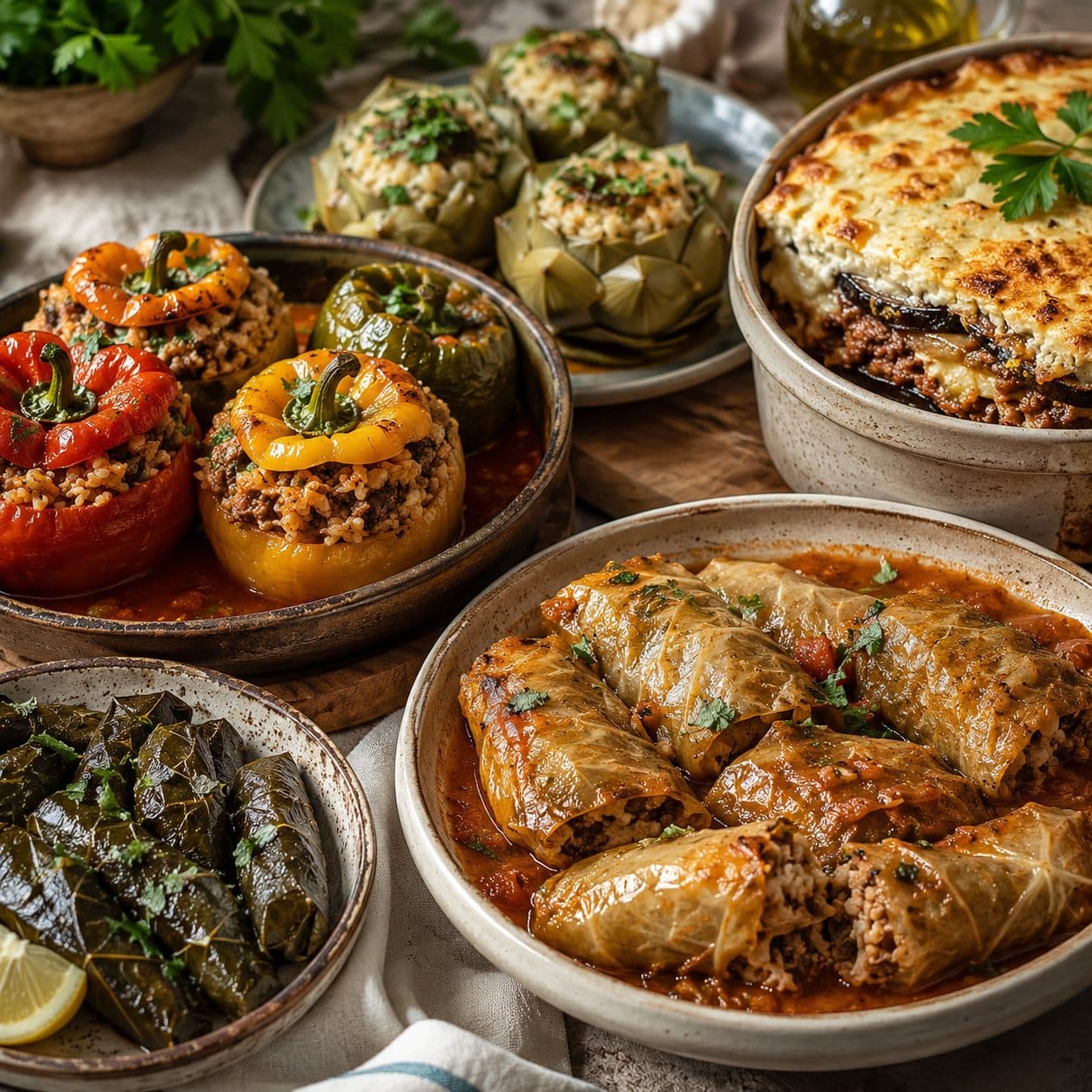 ממולאים ביתיים — כרוב, פלפל ועלי גפן